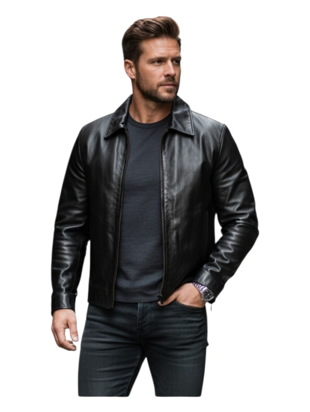 Danier Men's Black Classic Leather Zip-Front Jacket Size 6-8 - Picture 1 of 6